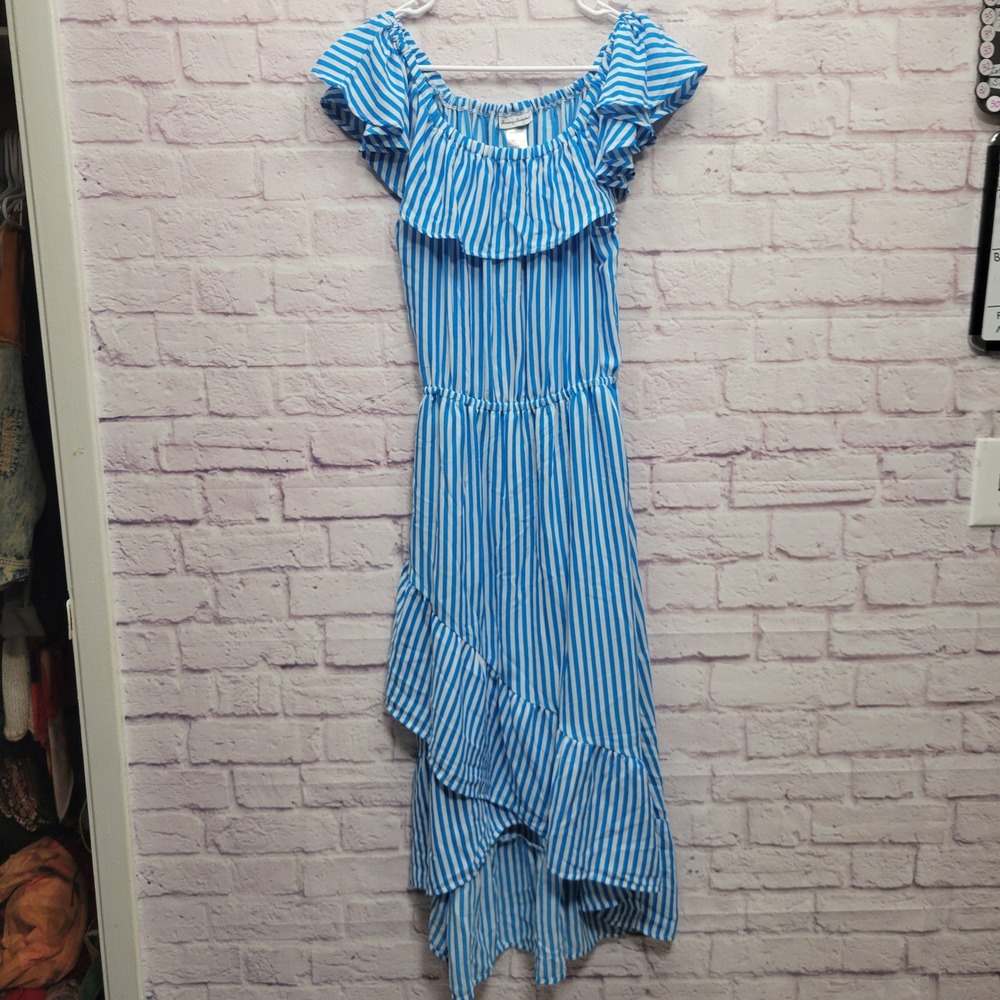 Tommy Bahama Palm Party Off Shoulder Midi Dress Sz M Blue Stripes Travel Cottage
